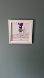 Framed Marathon Medal Over Skyline Drawing of Cork City