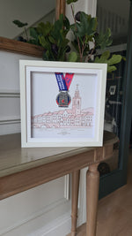Framed Marathon Medal Over Skyline Drawing of Cork City