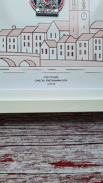 Framed Marathon Medal Over Skyline Drawing of Cork City