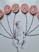 Sketch of new born holding string balloons
