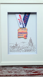 Framed Marathon Medal over Skyline Drawing of Cork City