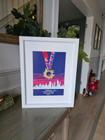Framed Marathon Medal Over City Skyline