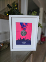Framed Marathon Medal Over City Skyline
