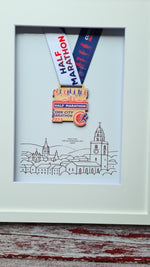 Framed Marathon Medal over Skyline Drawing of Cork City
