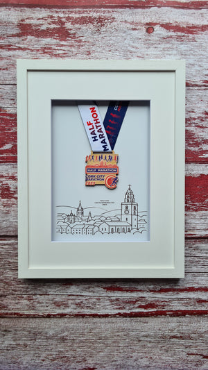 Framed Marathon Medal over Skyline Drawing of Cork City