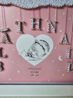 Sketch of Newborn in heart with Personalised String Name Hanging From Cloud