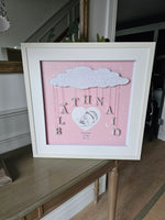 Sketch of Newborn in heart with Personalised String Name Hanging From Cloud