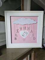 Sketch of Newborn in heart with Personalised String Name Hanging From Cloud