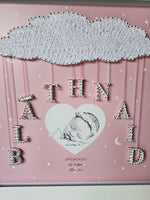 Sketch of Newborn in heart with Personalised String Name Hanging From Cloud