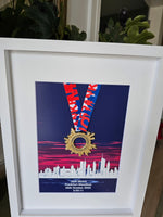 Framed Marathon Medal Over City Skyline